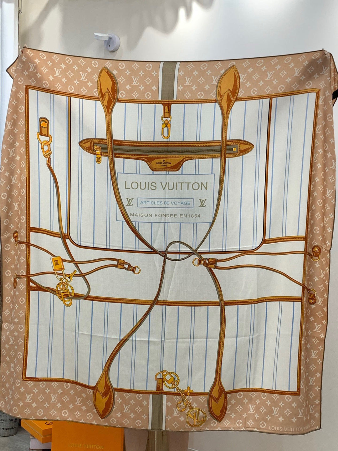 LV Double-Sided Shawl Scarf 135cm Light Brown Beige Cashmere 968755