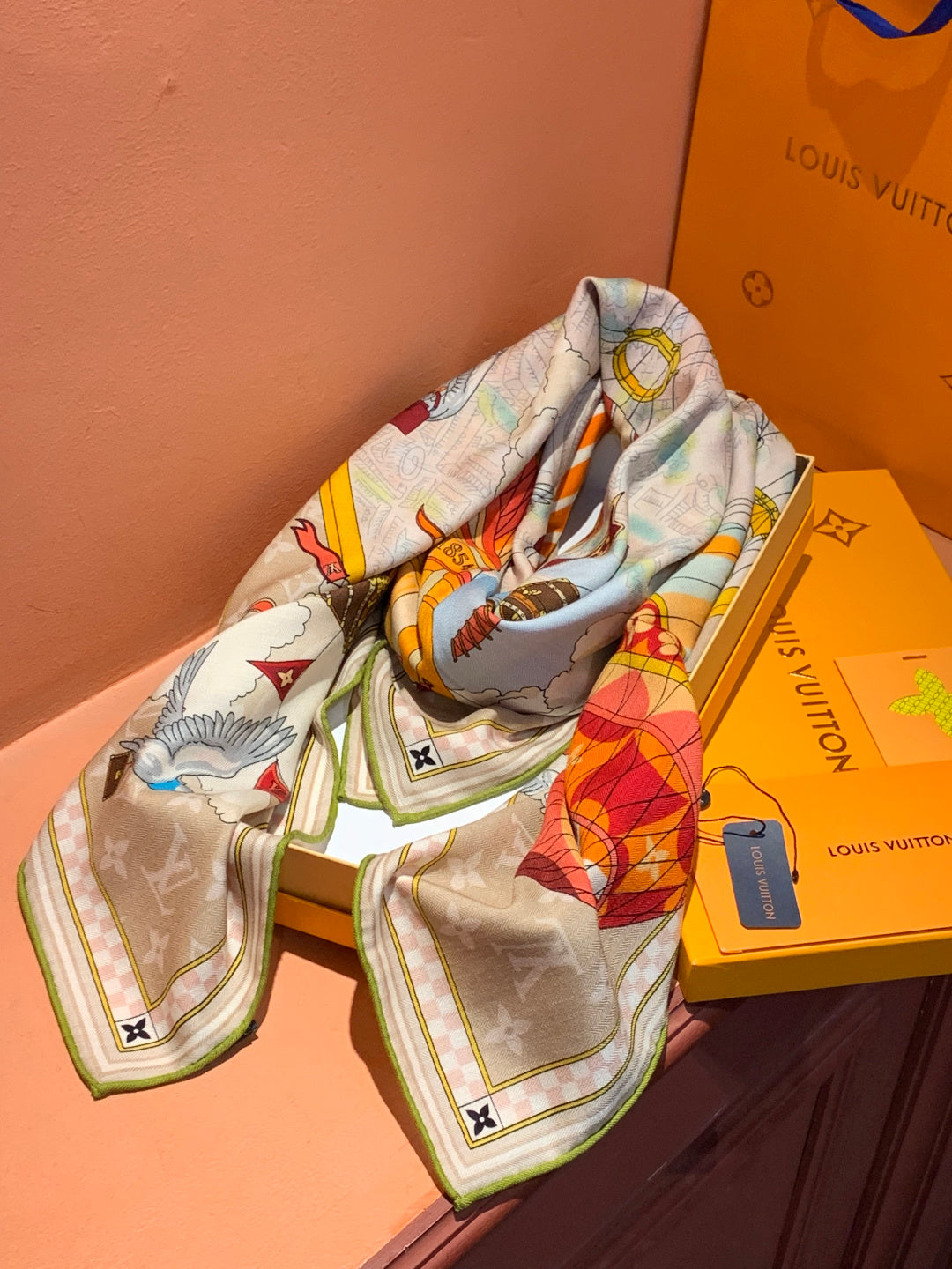 LV Double-Sided Shawl Scarf 135cm Orange Beige Cashmere 968788