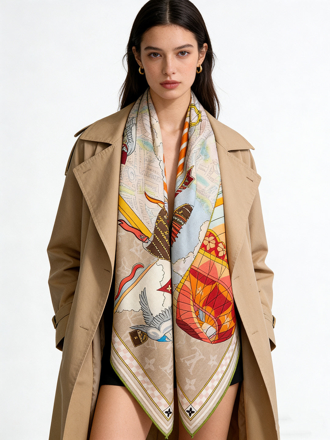 LV Double-Sided Shawl Scarf 135cm Orange Beige Cashmere 968788