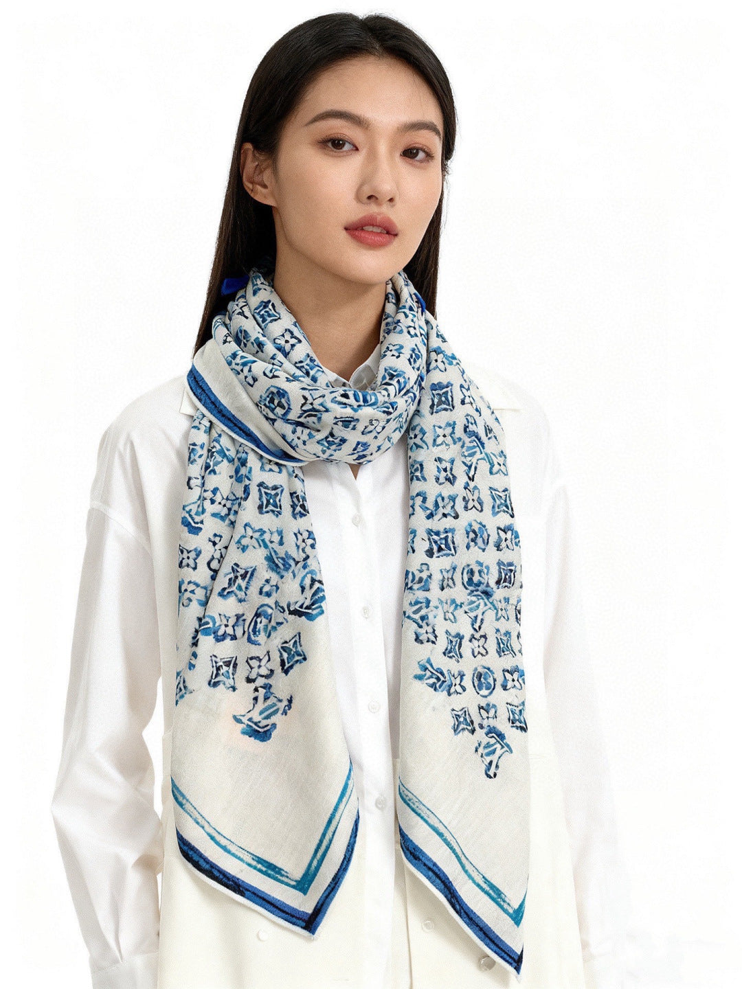LV Double-Sided Shawl Scarf 135cm Ivory Blue Cashmere 968793