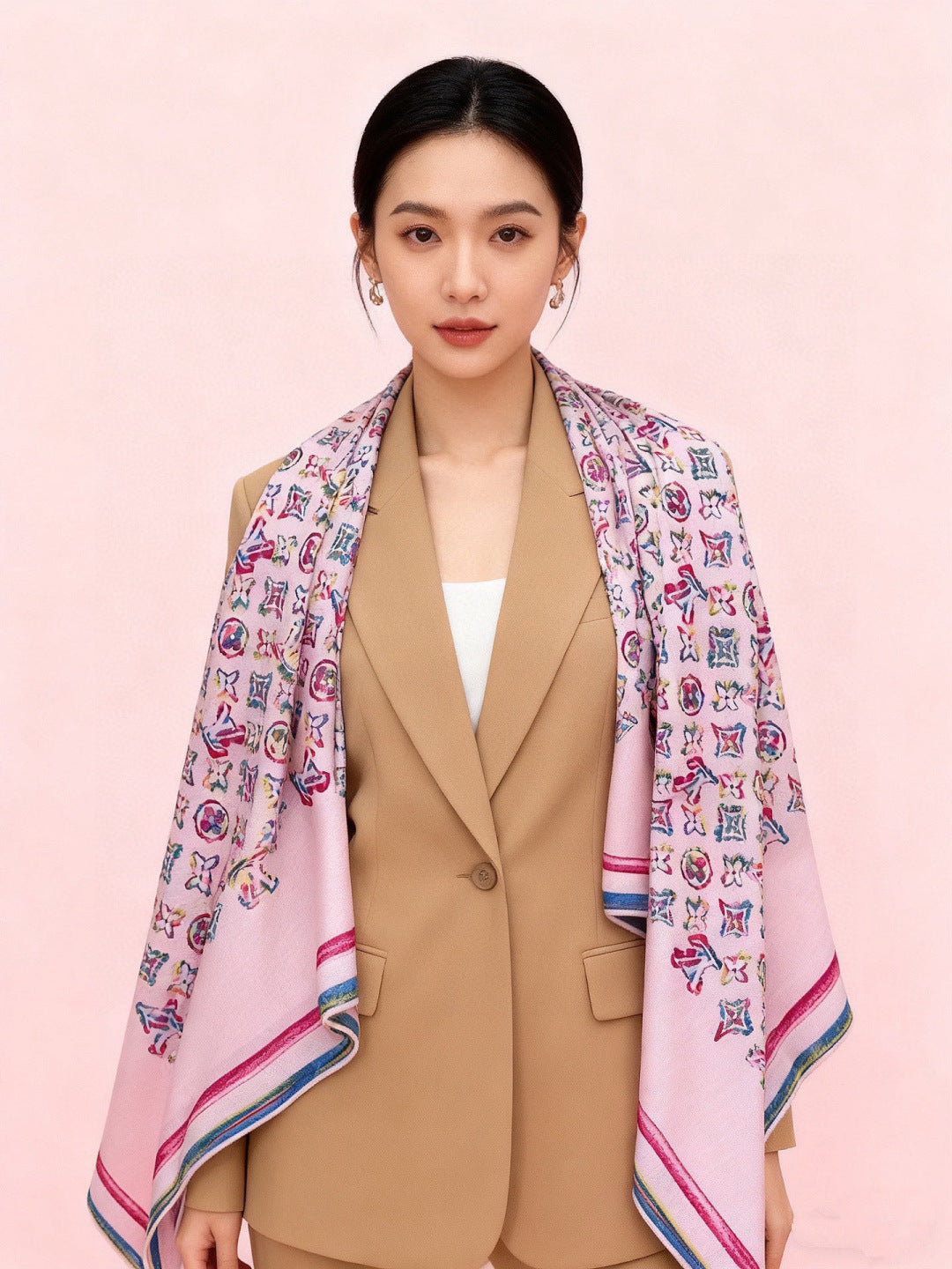 LV Double-Sided Shawl Scarf 135cm Light Pink Colorful Cashmere 968794