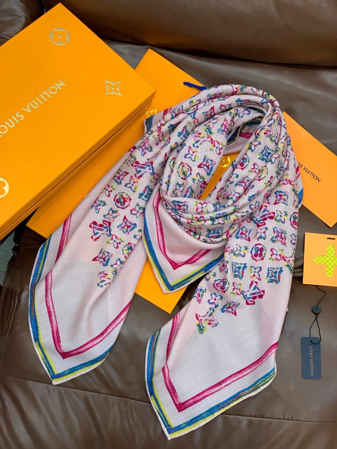 LV Double-Sided Shawl Scarf 135cm Light Pink Colorful Cashmere 968794