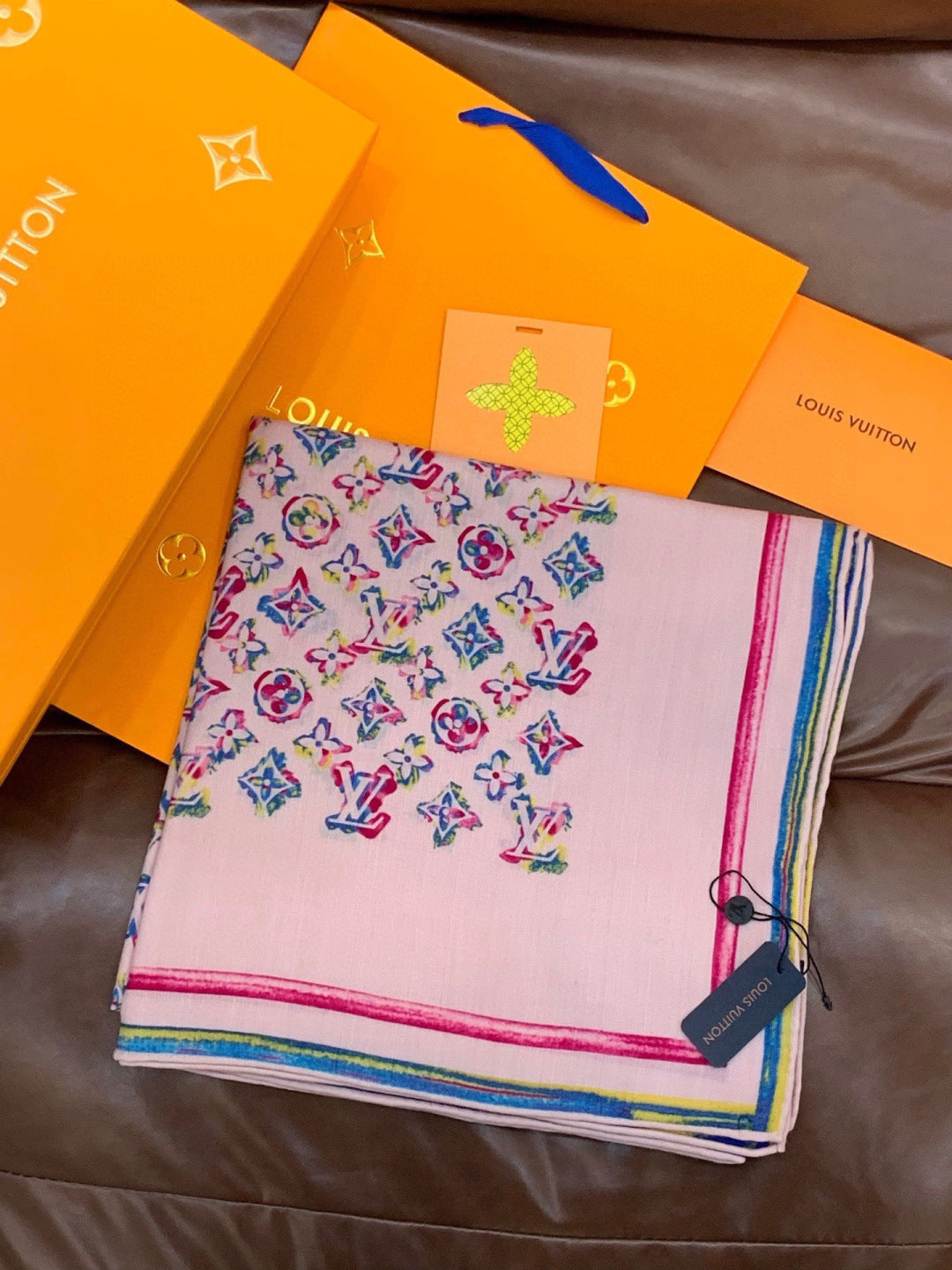 LV Double-Sided Shawl Scarf 135cm Light Pink Colorful Cashmere 968794