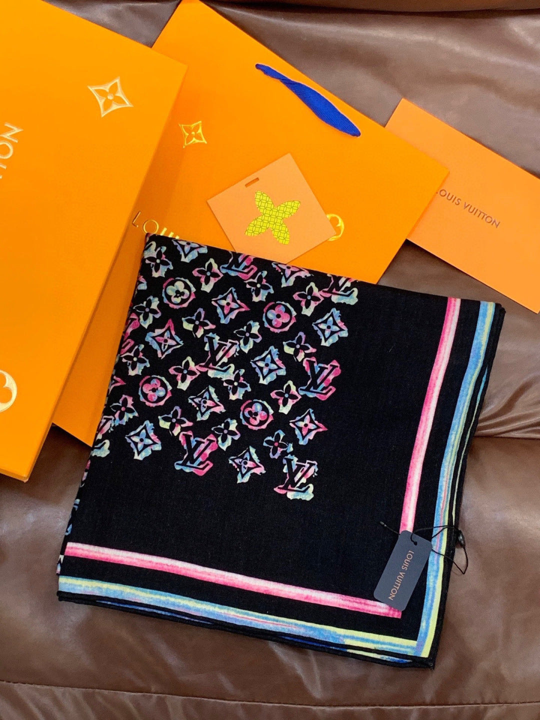 LV Double-Sided Shawl Scarf 135cm Black Pink Colorful Cashmere 968795