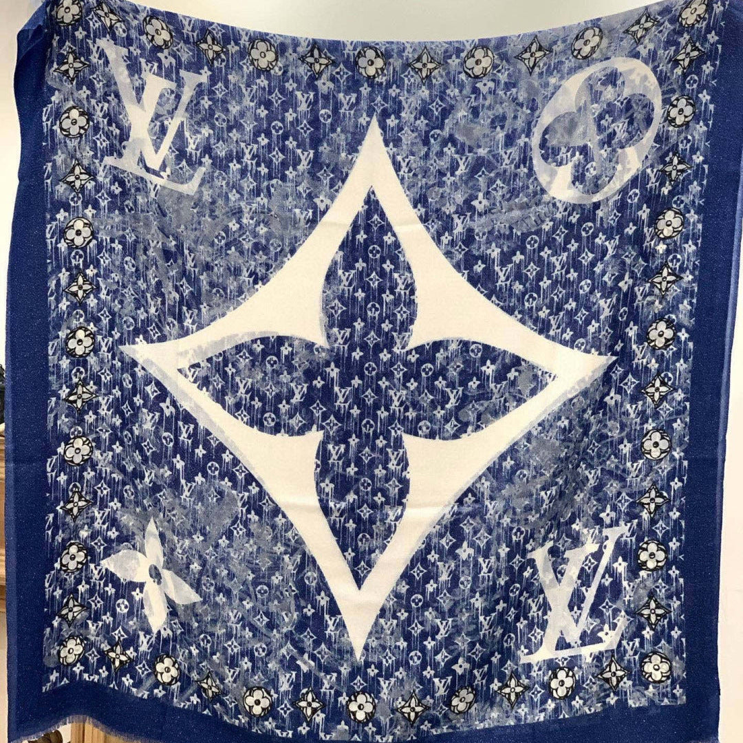 LV Monogram Scarf 200cm Blue White Cashmere 969183