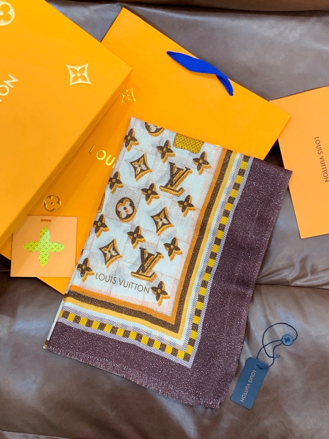 LV Monogram Scarf 200cm Purple White Brown Cashmere 969184