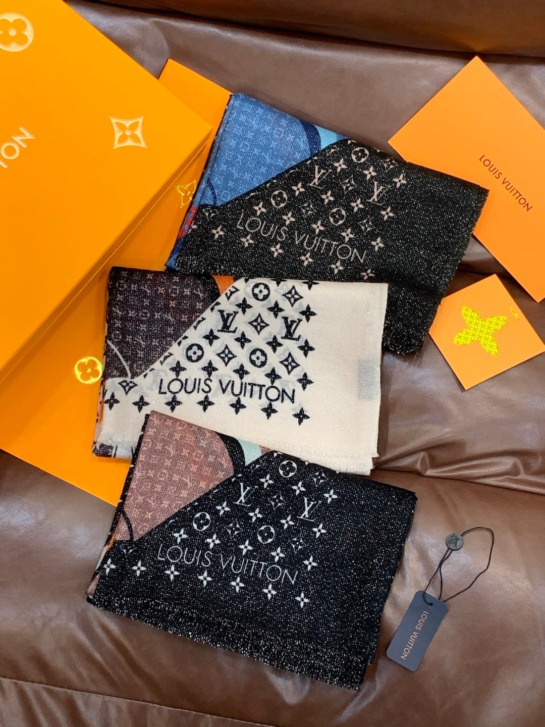 LV Monogram Scarf 200cm Black Brown Cashmere 969190