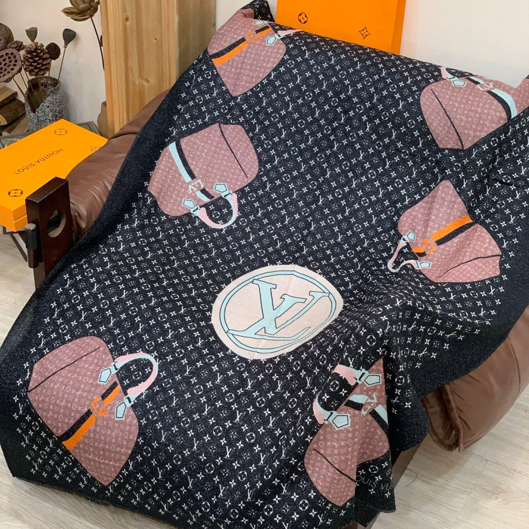 LV Monogram Scarf 200cm Black Brown Cashmere 969190