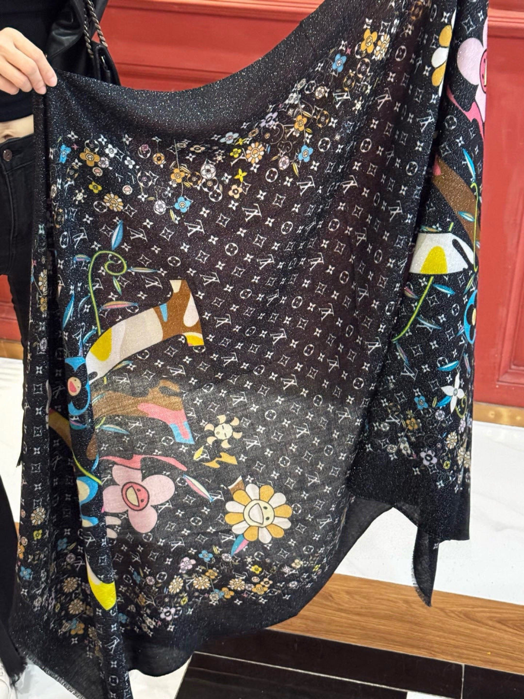 LV Glowing Scarf 200cm Black Colorful Cashmere 970879