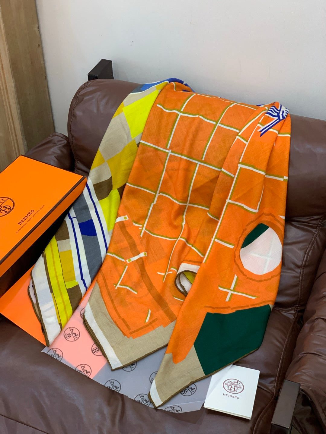 HM 25s Checkered Horse Scarf 140cm Orange Yellow Cashmere Silk 970932