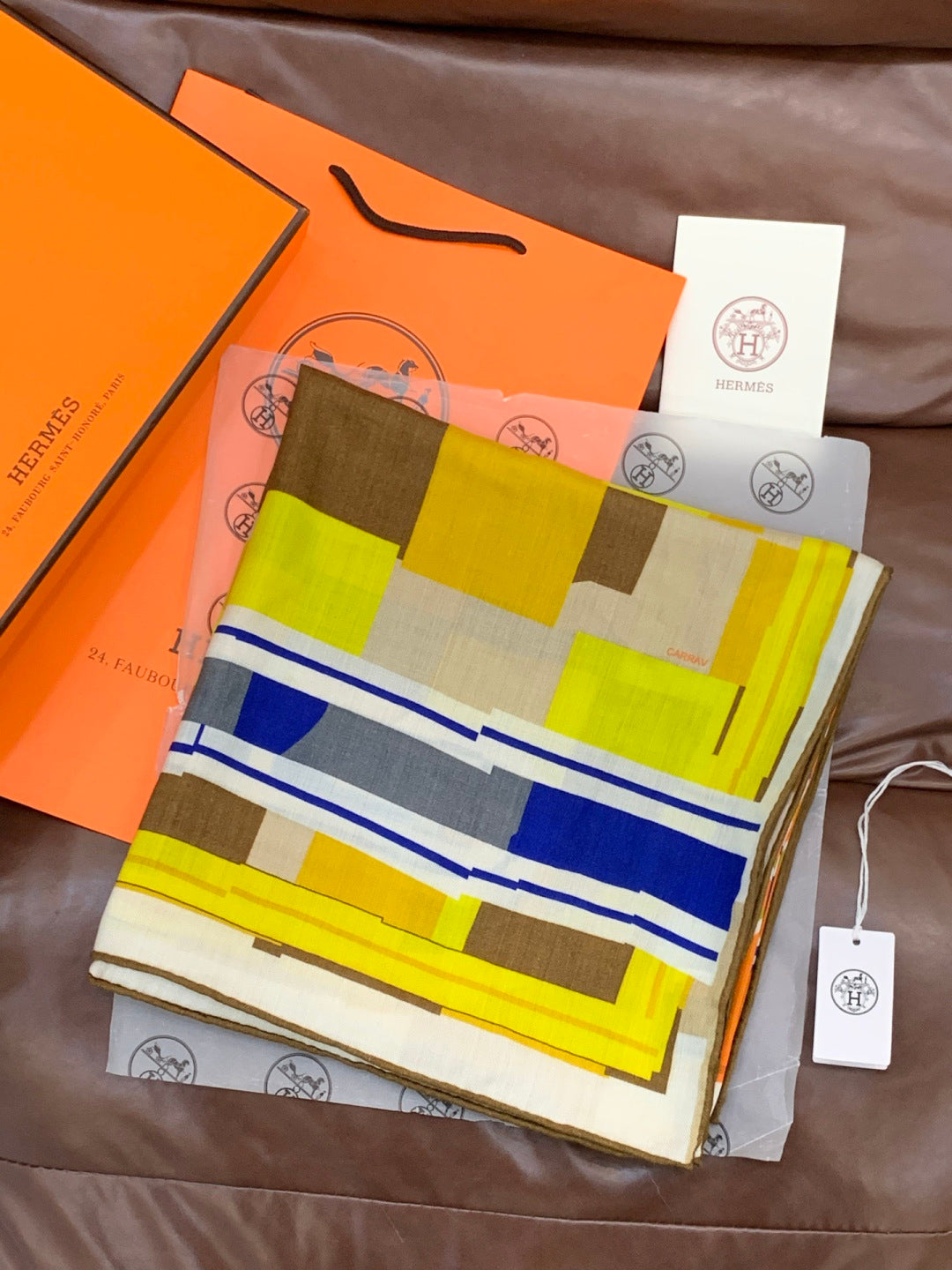 HM 25s Checkered Horse Scarf 140cm Orange Yellow Cashmere Silk 970932