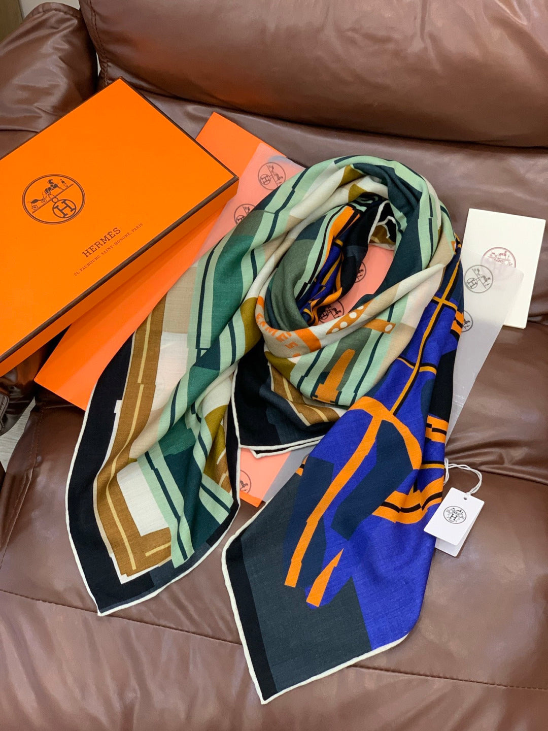 HM 25s Checkered Horse Scarf 140cm Orange Yellow Cashmere Silk 970932