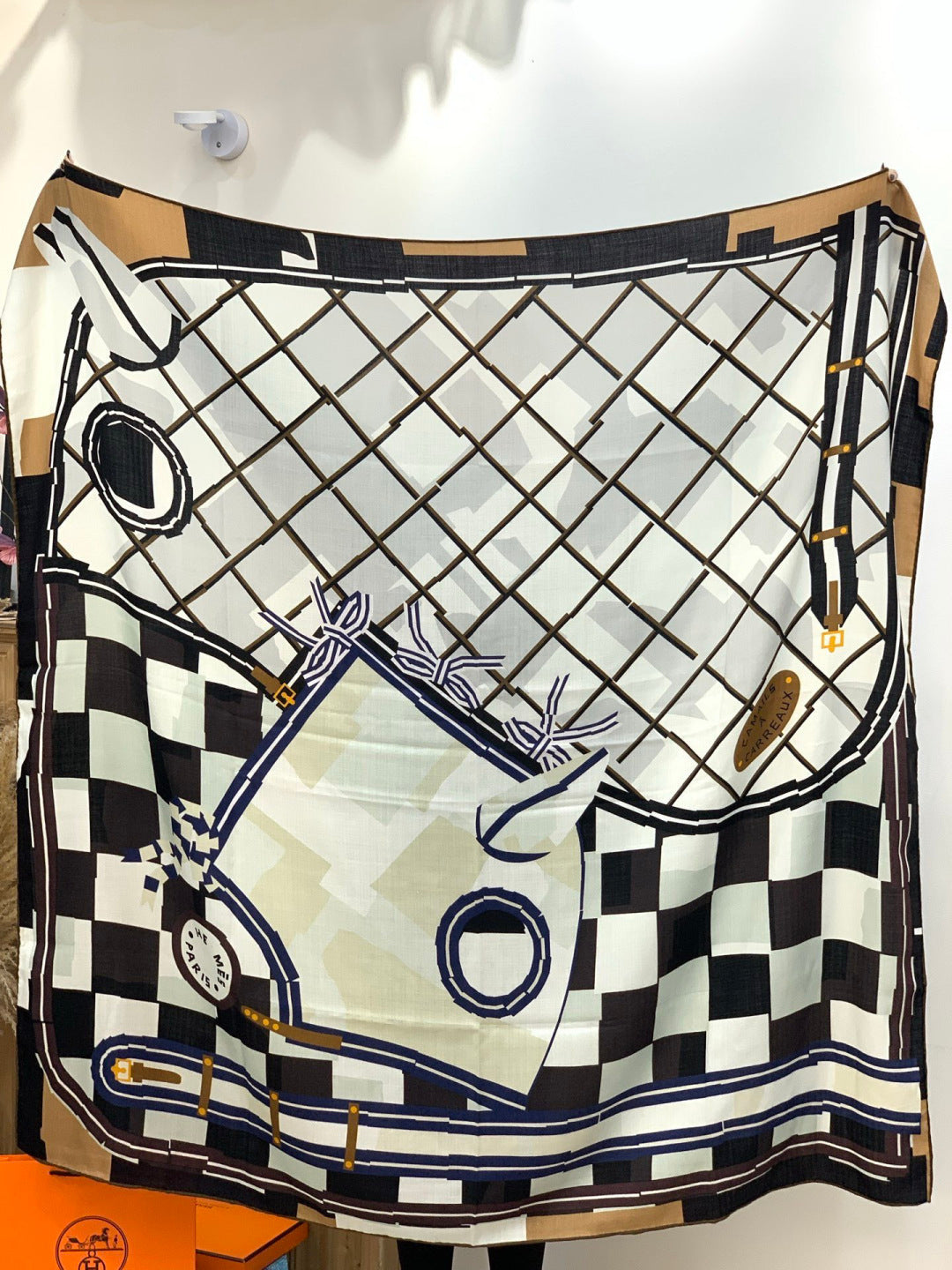 HM 25s Checkered Horse Scarf 140cm Blach White Cashmere Silk 970934