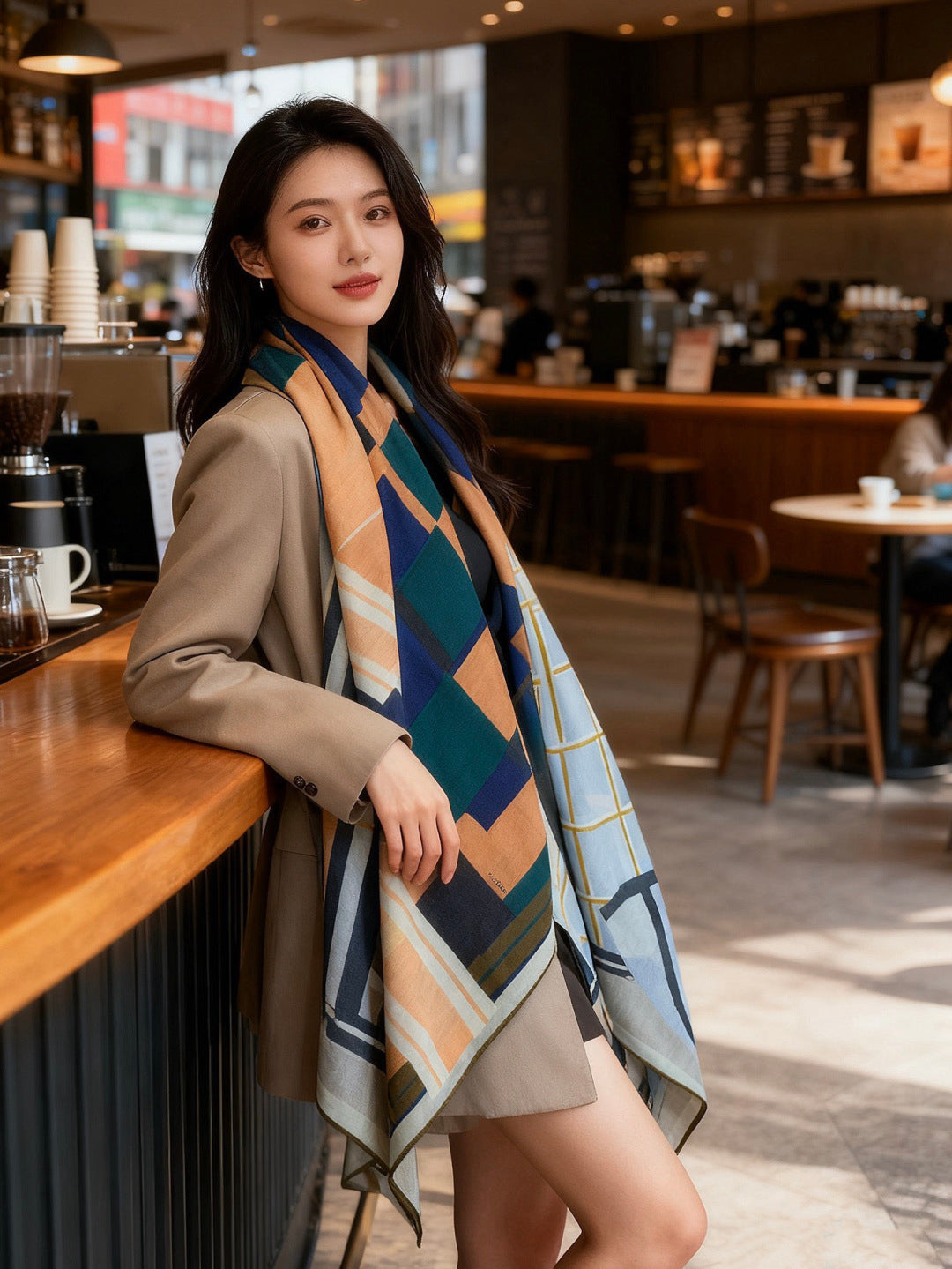 HM 25s Checkered Horse Scarf 140cm Blue Brown Cashmere Silk 970935