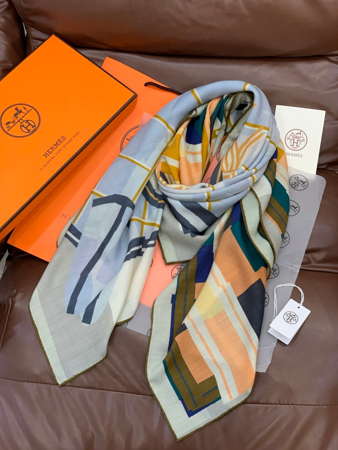 HM 25s Checkered Horse Scarf 140cm Blue Brown Cashmere Silk 970935