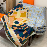 HM 25s Checkered Horse Scarf 140cm Blue Brown Cashmere Silk 970935