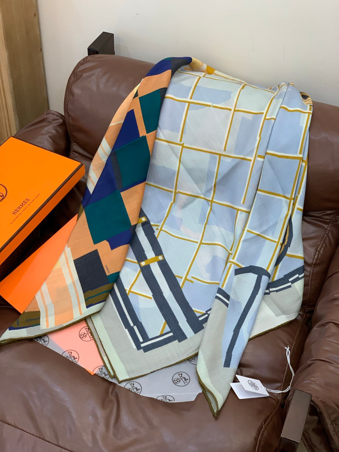 HM 25s Checkered Horse Scarf 140cm Blue Brown Cashmere Silk 970935