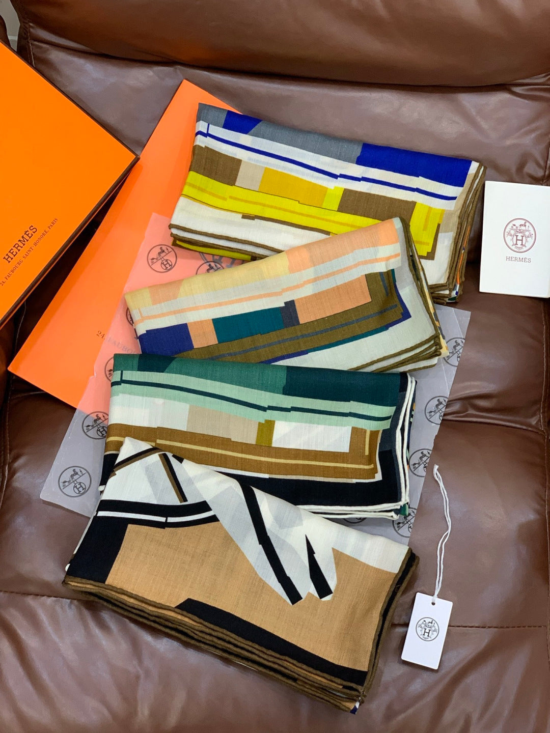 HM 25s Checkered Horse Scarf 140cm Blue Brown Cashmere Silk 970935