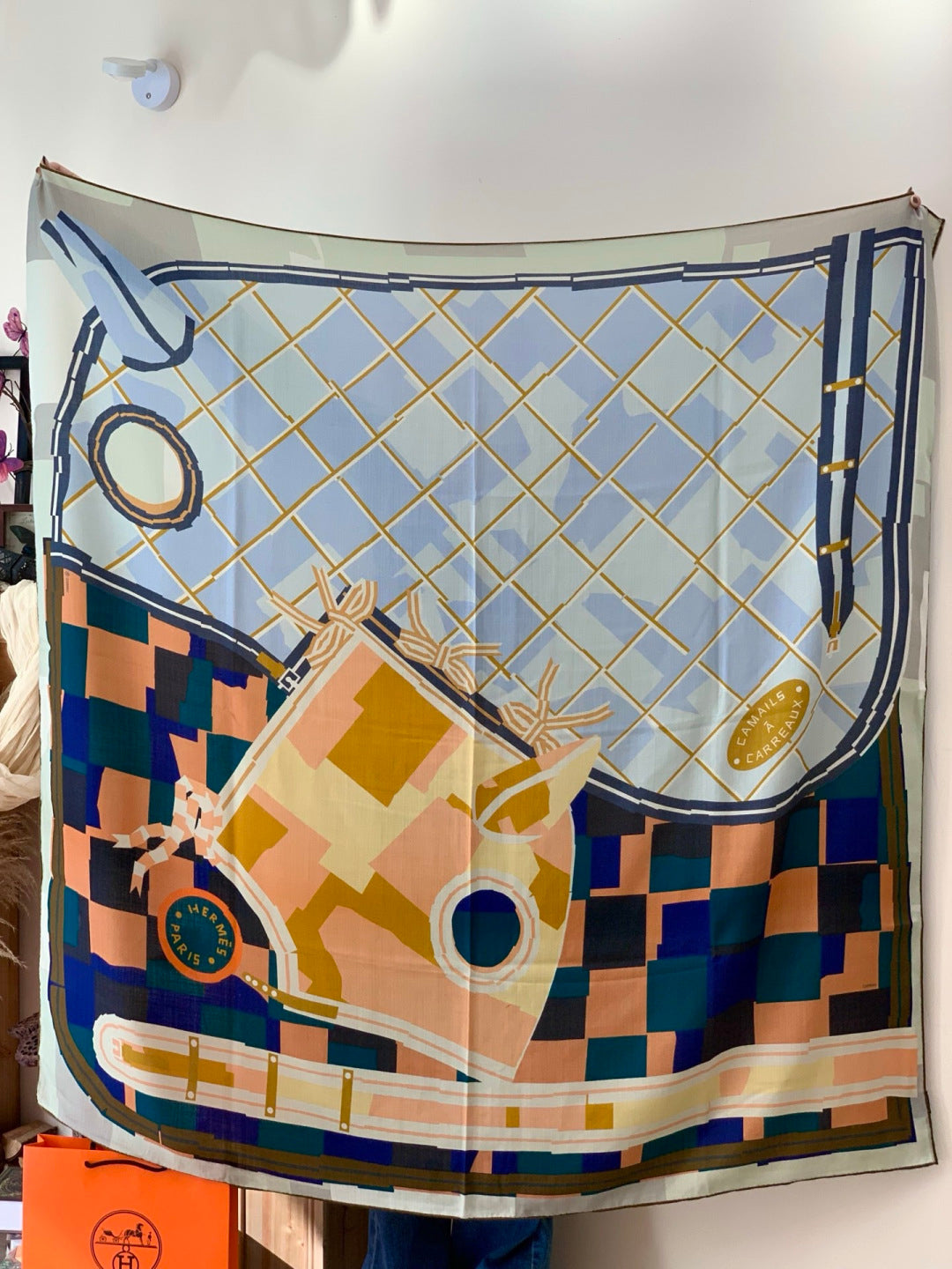 HM 25s Checkered Horse Scarf 140cm Blue Brown Cashmere Silk 970935