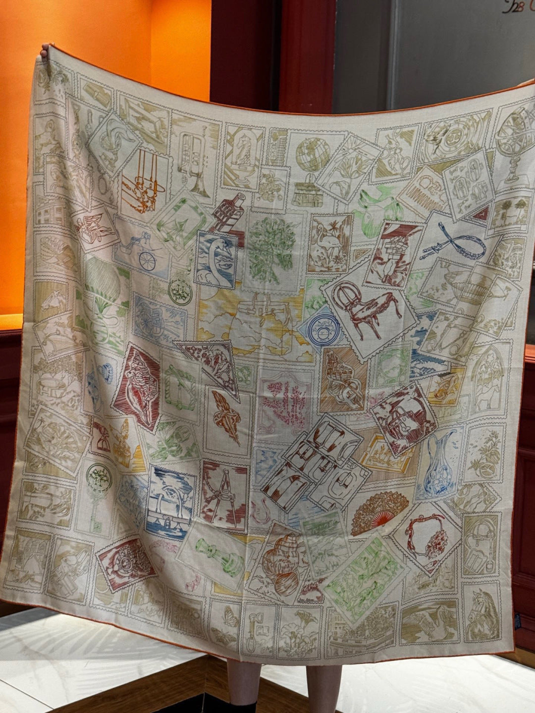 HM 25s Velvet Square Scarf 140cm Light Beige Cashmere Silk 970938