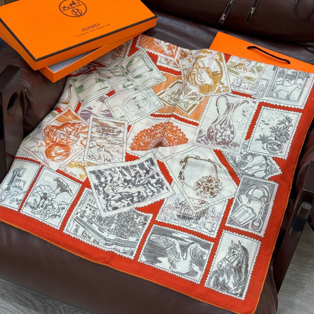 HM 25s Velvet Square Scarf 140cm Orange White Black Cashmere Silk 970940