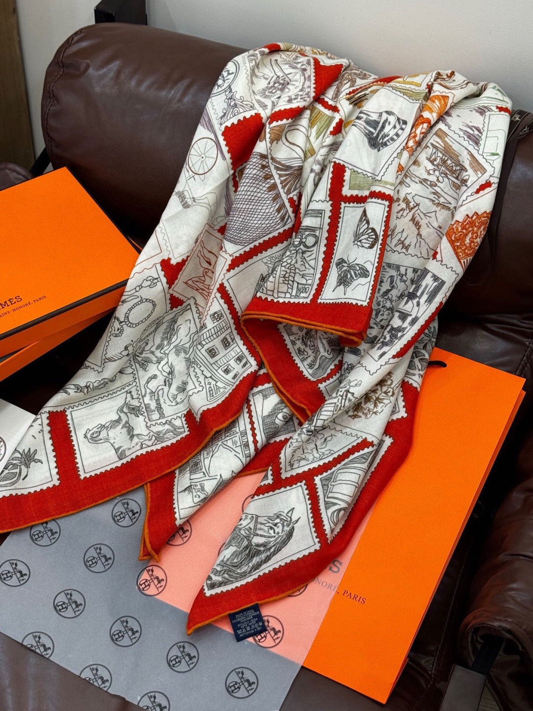 HM 25s Velvet Square Scarf 140cm Orange White Black Cashmere Silk 970940