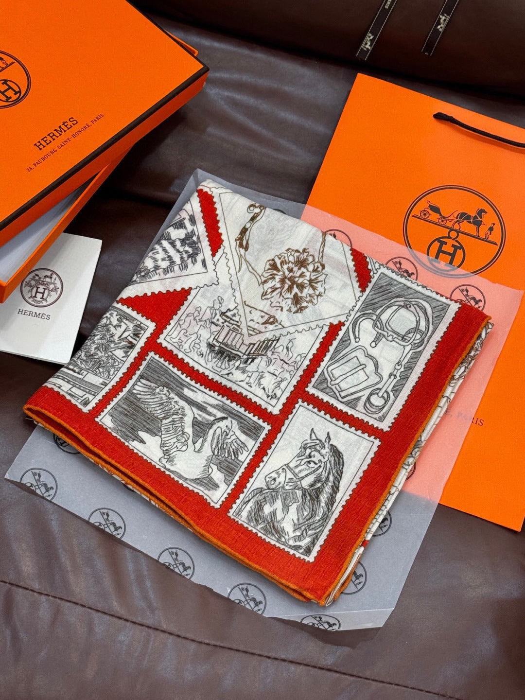 HM 25s Velvet Square Scarf 140cm Orange White Black Cashmere Silk 970940