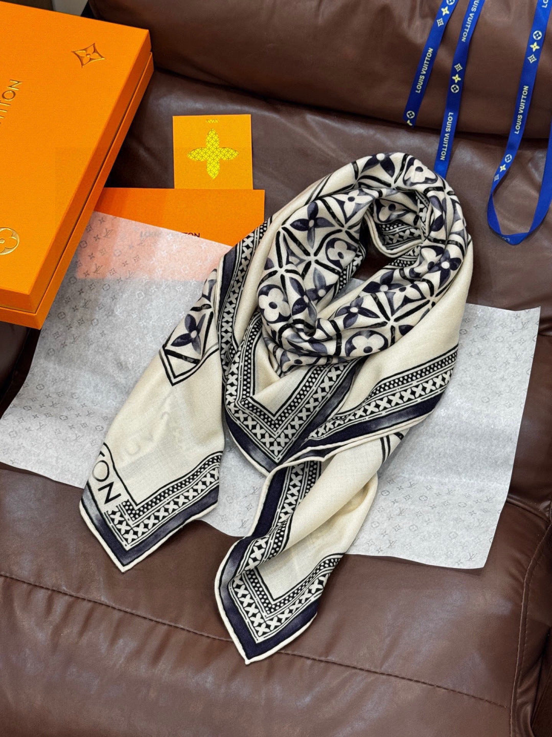 LV Velvet Square Scarf 135cm Black White Cashmere 970941