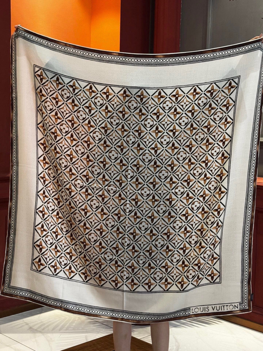 LV Velvet Square Scarf 135cm White Black Beige Cashmere 970943