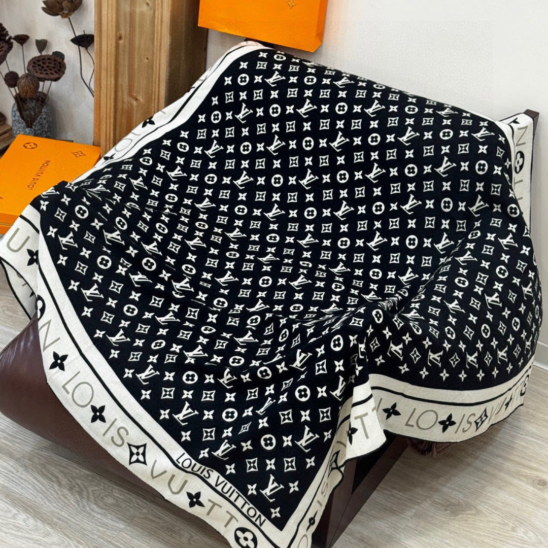 LV Velvet Square Scarf 135cm Black White Cashmere 970946