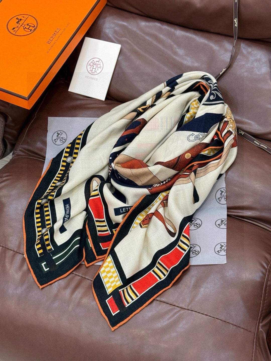 HM 25s Equestrianism Scarf 135cm Cream Black Cashmere Silk 970962