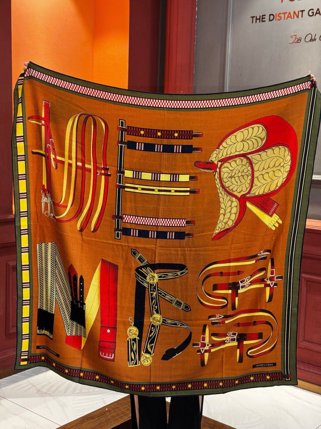 HM 25s Equestrianism Scarf 135cm Camel Brown Blue Cashmere Silk 970963