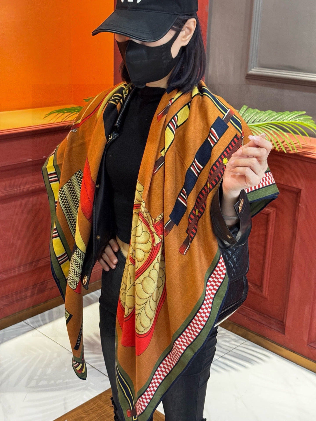 HM 25s Equestrianism Scarf 135cm Camel Brown Blue Cashmere Silk 970963