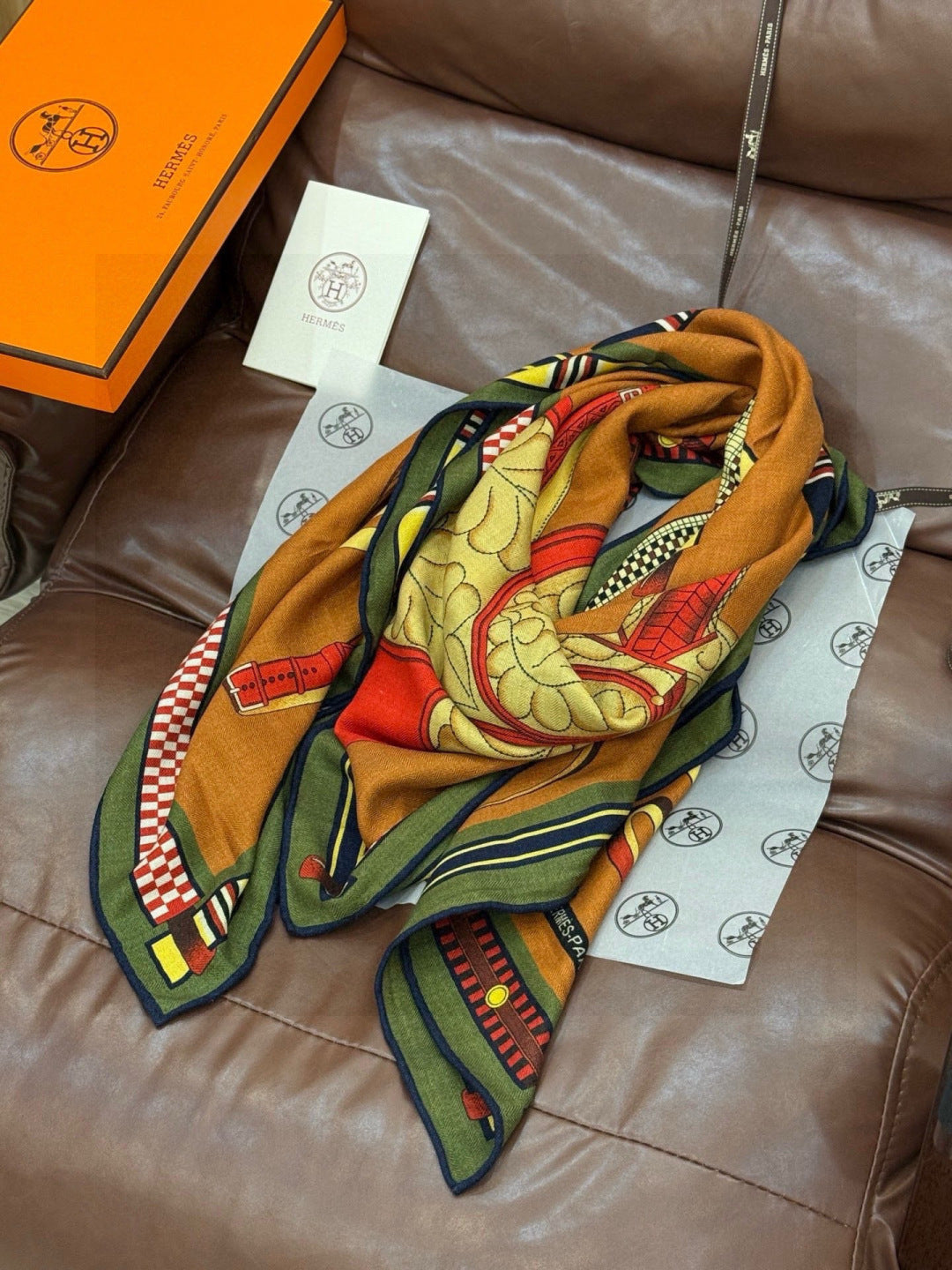 HM 25s Equestrianism Scarf 135cm Camel Brown Blue Cashmere Silk 970963