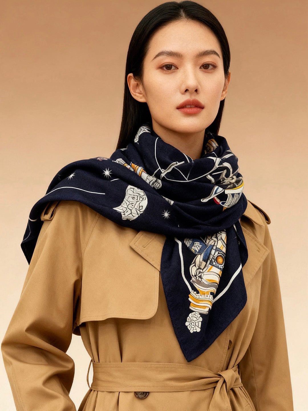 HM Starry Night Chorus Scarf 140cm Navy Blue Beige Cashmere 970970