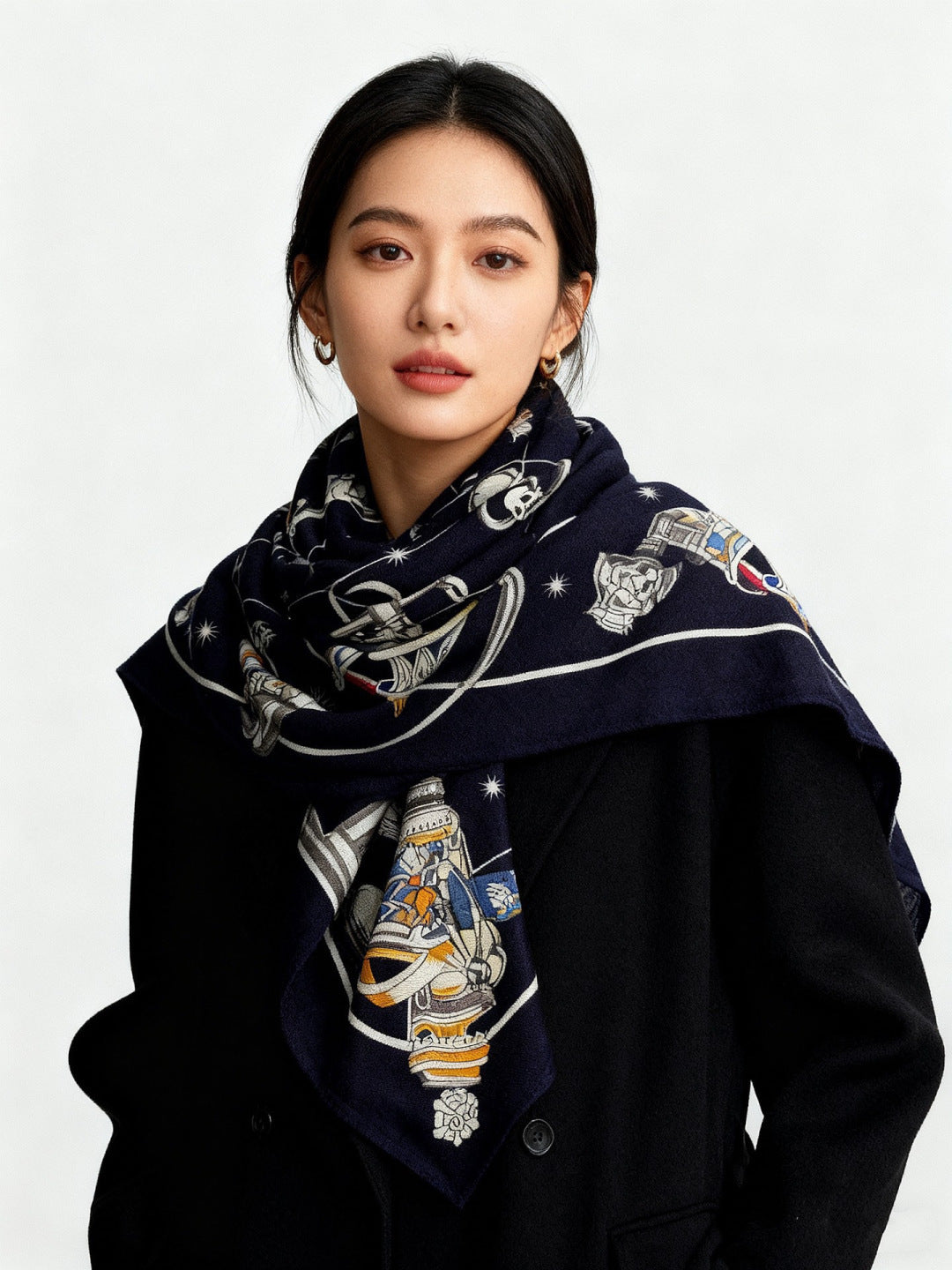 HM Starry Night Chorus Scarf 140cm Navy Blue Beige Cashmere 970970