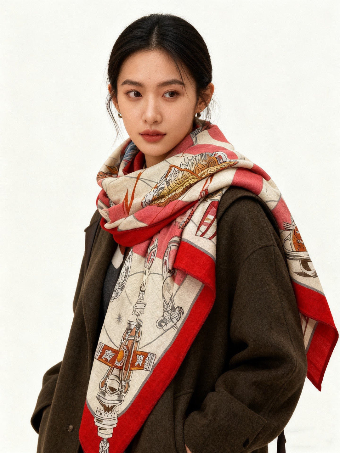 HM Starry Night Chorus Scarf 140cm Red Beige Cashmere 970971