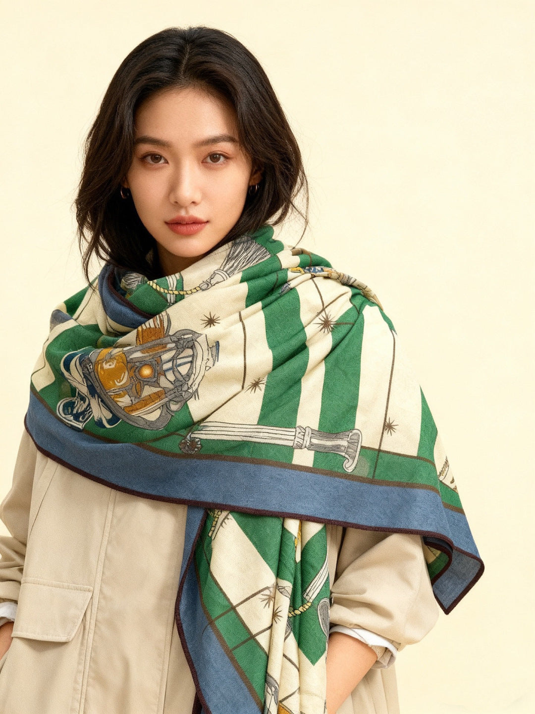 HM Starry Night Chorus Scarf 140cm Green Beige Cashmere 970972