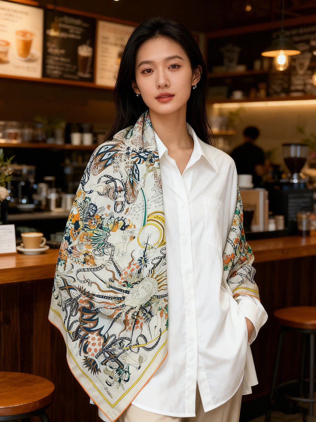 HM 25s The King Scarf 140cm White Blue Colorful Cashmere 973054