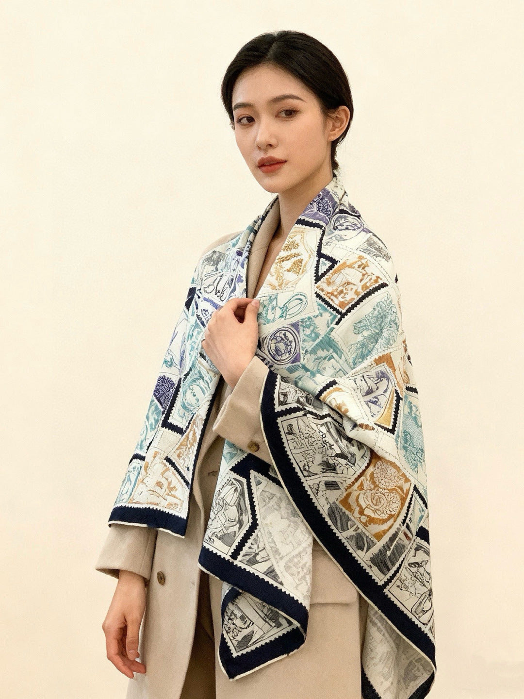 HM 25s Scarf 140cm Black Light Blue Cashmere 973061