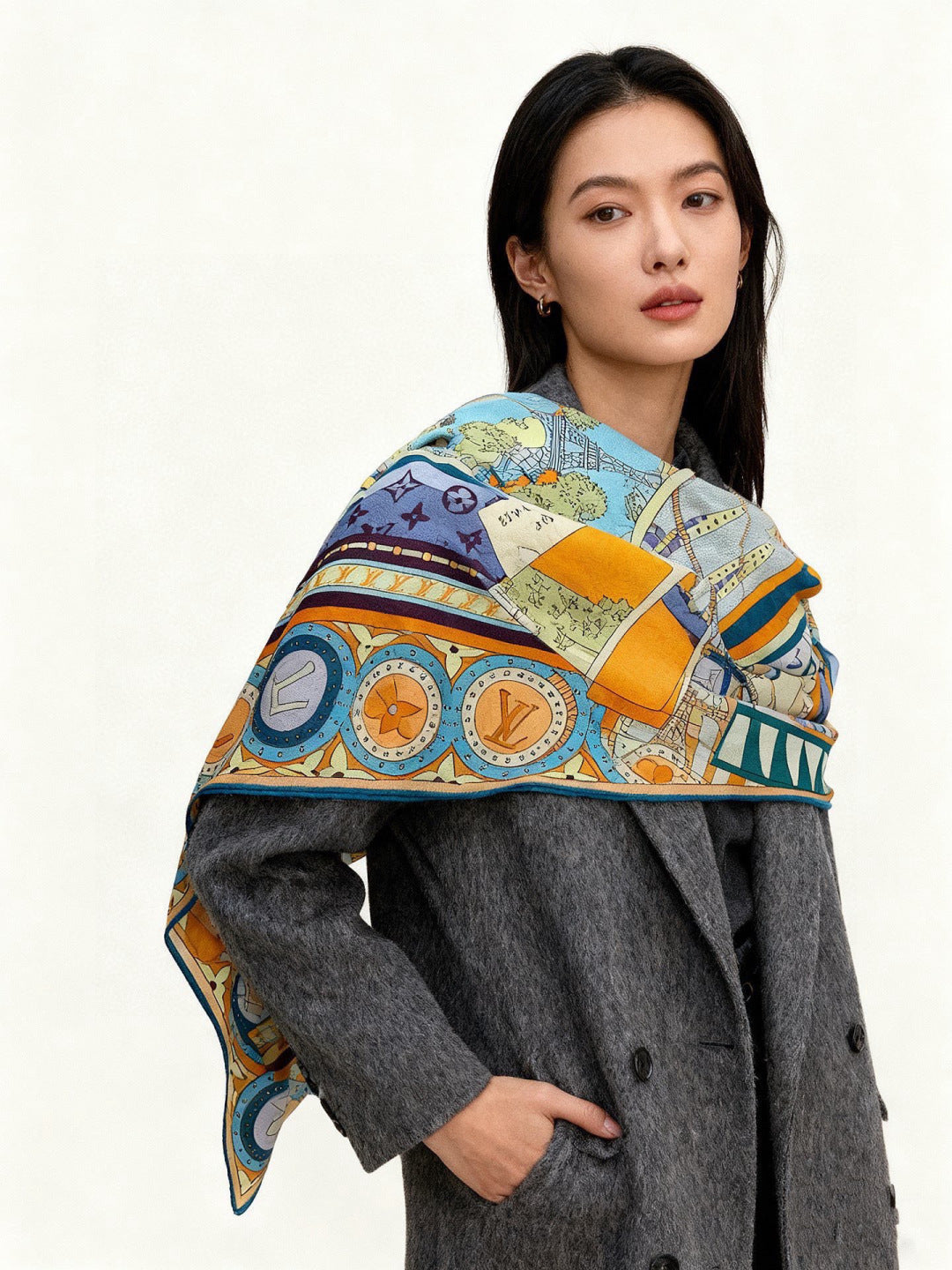 LV Double-sided Scarf 135cm Multicolor Silk Cashmere 973070