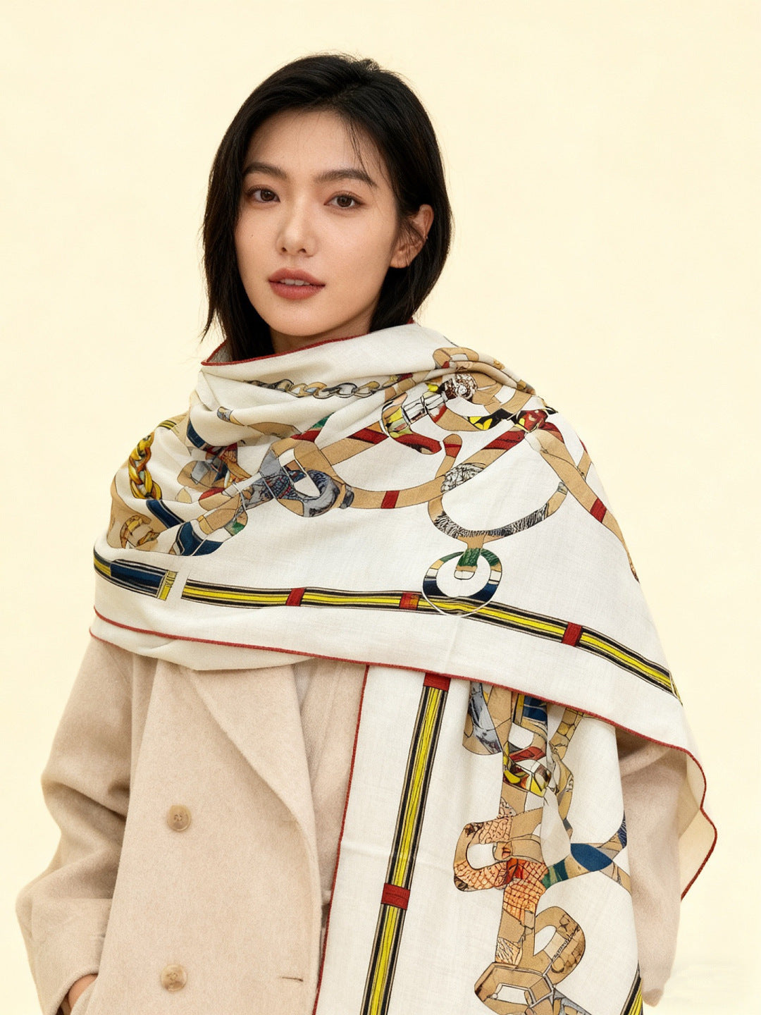 HM 25s Golden Spurs Scarf 140cm White Beige Cashmere 976282