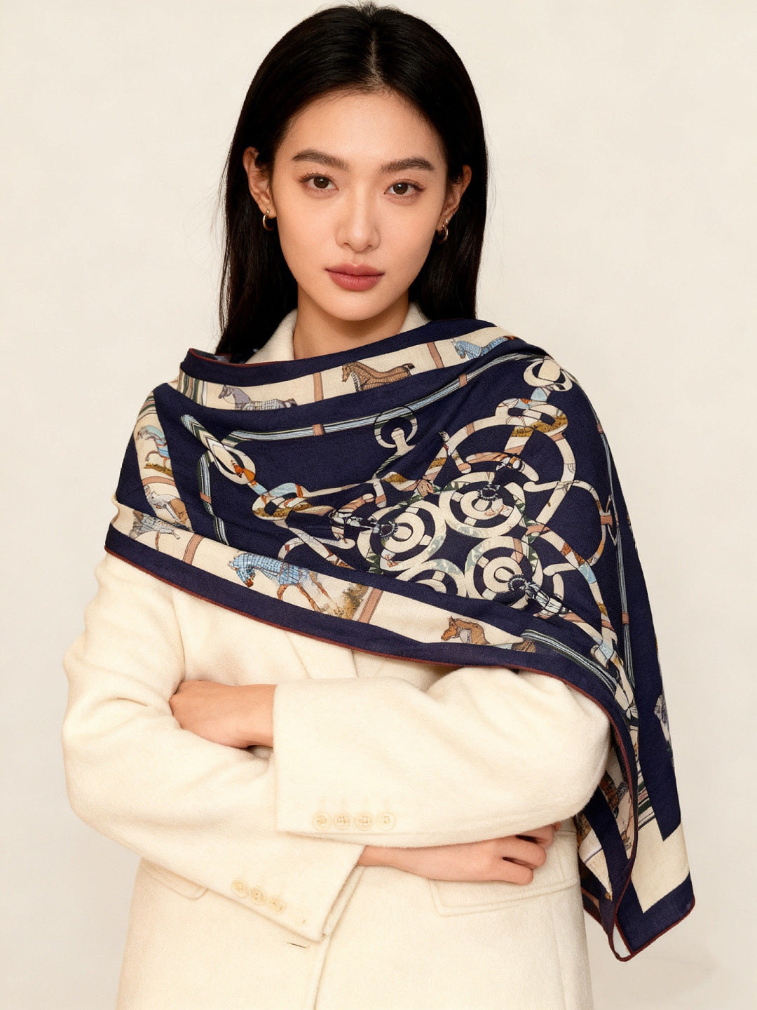 HM 25s Golden Spurs Scarf 140cm Navy Blue Cashmere 976283