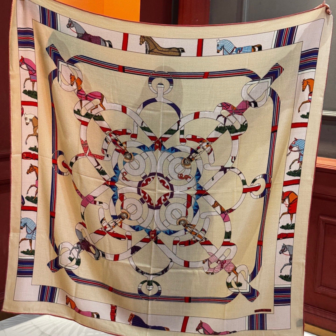 HM 25s Golden Spurs Scarf 140cm Beige Blue Cashmere 976284