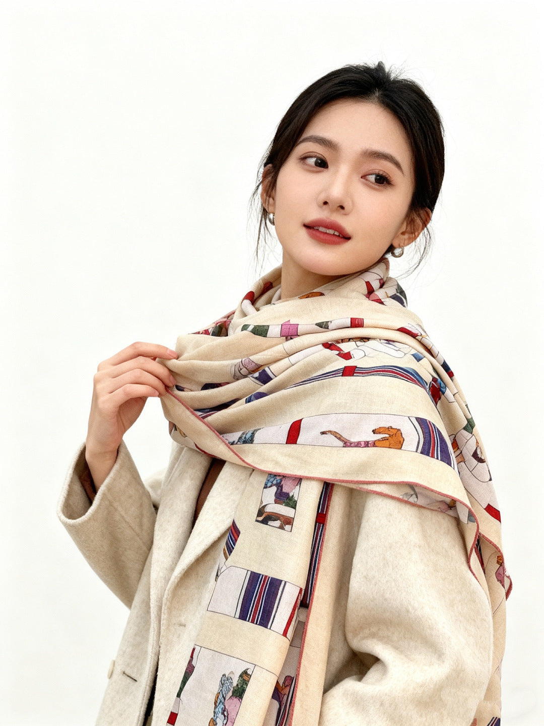 HM 25s Golden Spurs Scarf 140cm Beige Blue Cashmere 976284