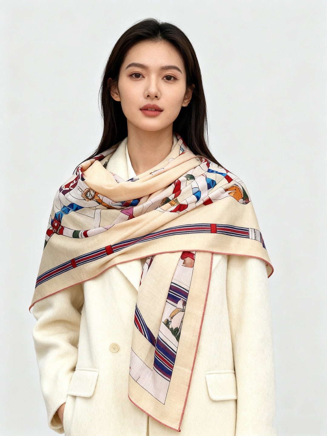 HM 25s Golden Spurs Scarf 140cm Beige Blue Cashmere 976284