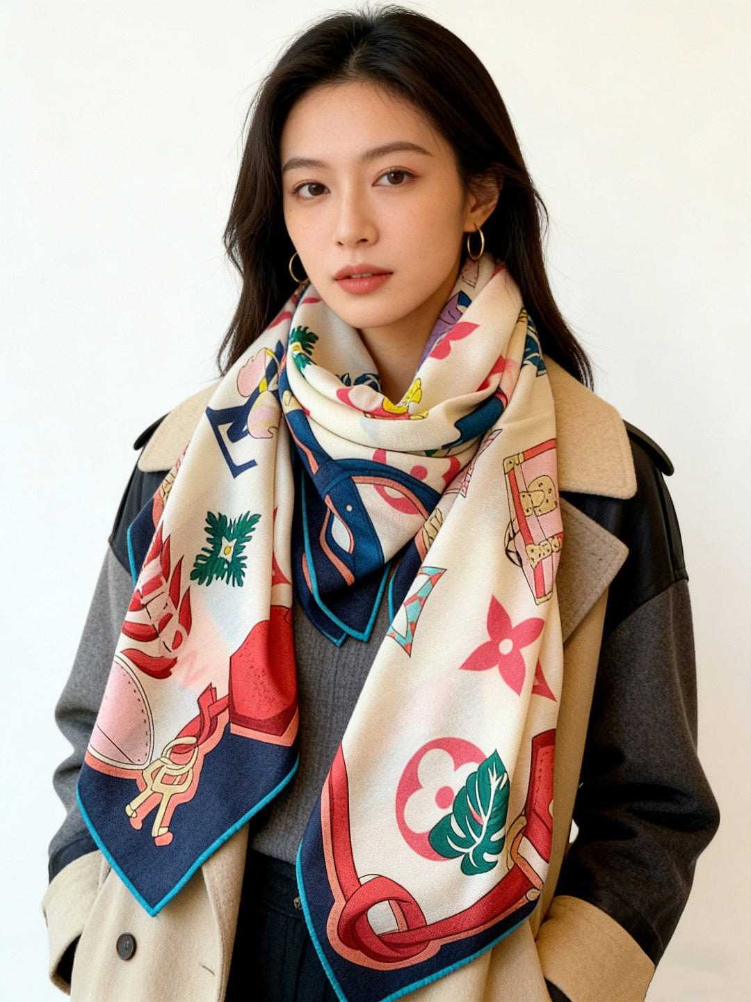 LV Scarf 135cm White Multicolor Cashmere Mulberry Silk 976763