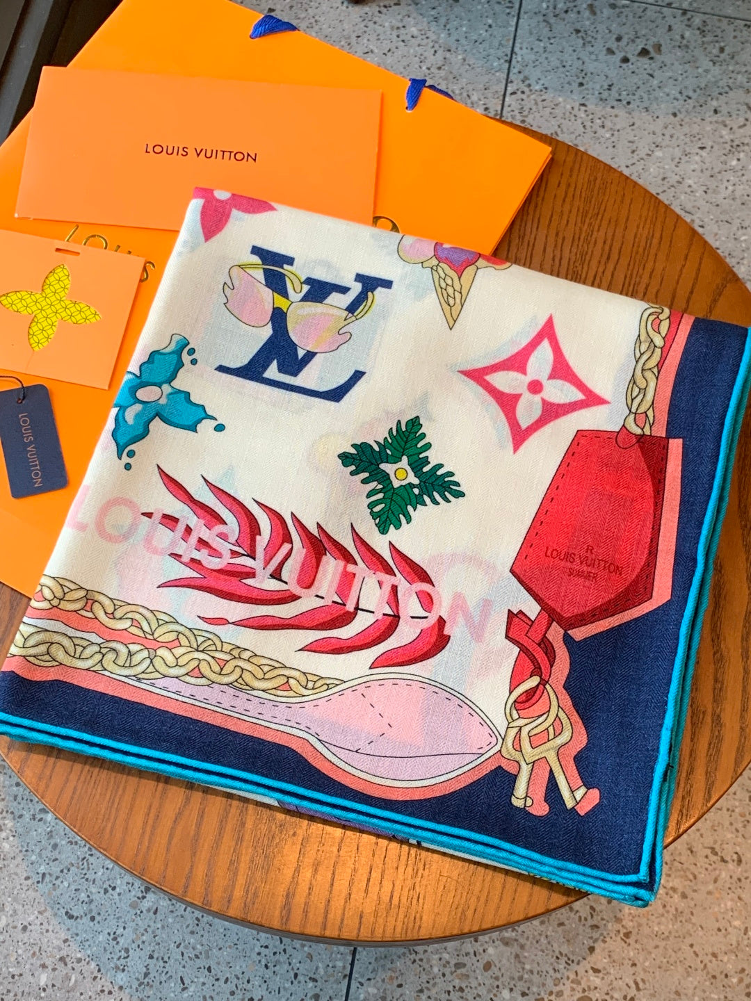 LV Scarf 135cm White Multicolor Cashmere Mulberry Silk 976763