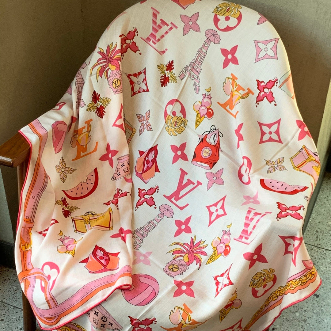 LV Scarf 135cm Pink White Cashmere Mulberry Silk 976765
