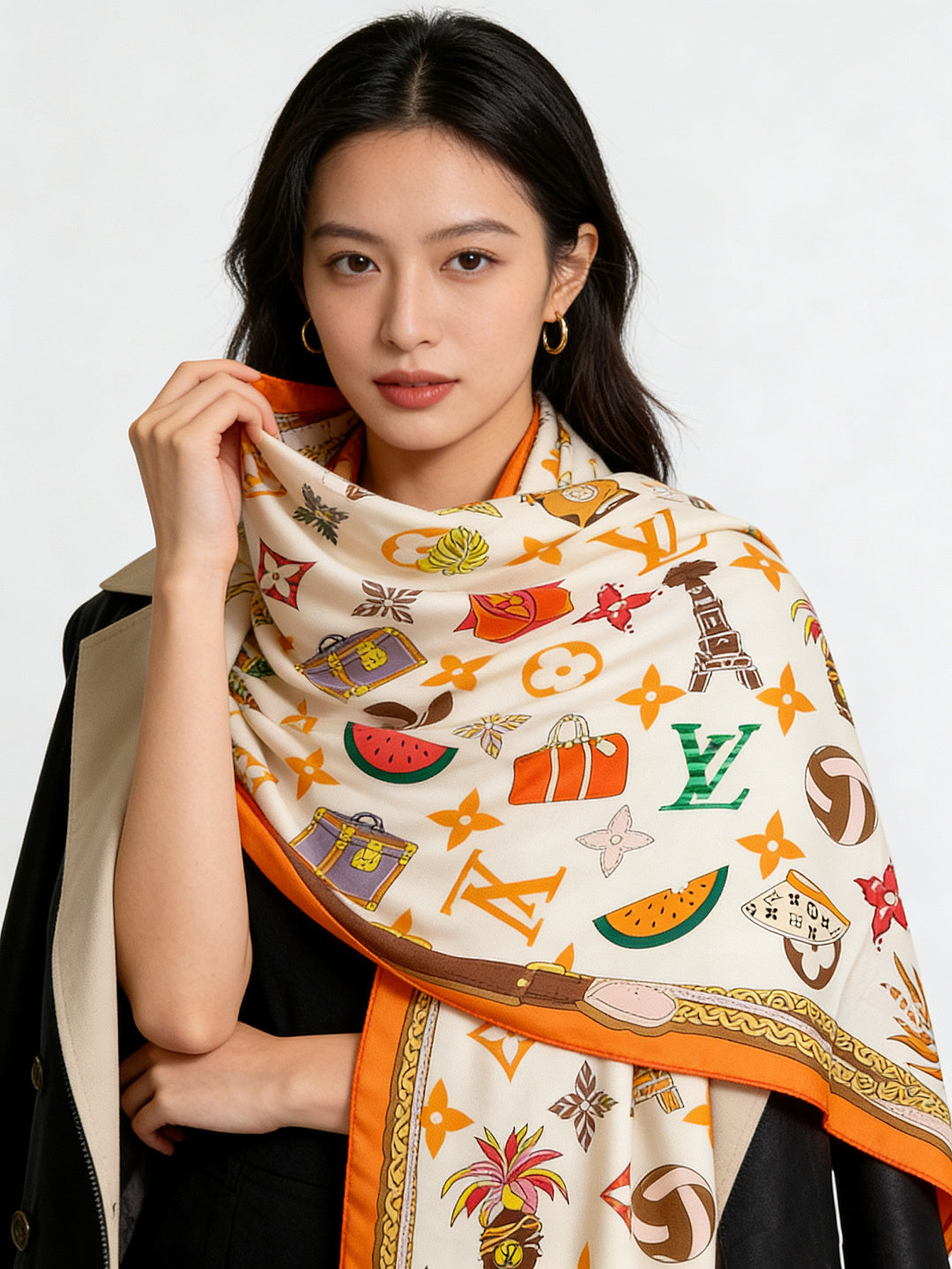 LV Scarf 135cm White Orange Multicolor Cashmere Mulberry Silk 976762